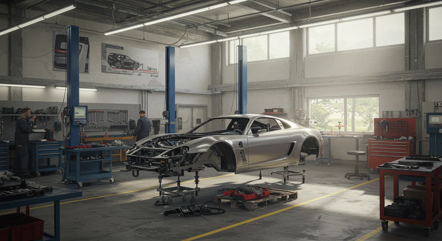 RUFの整備工場の様子、プロフェッショナルな環境でポルシェベースの車両を製作している風景
