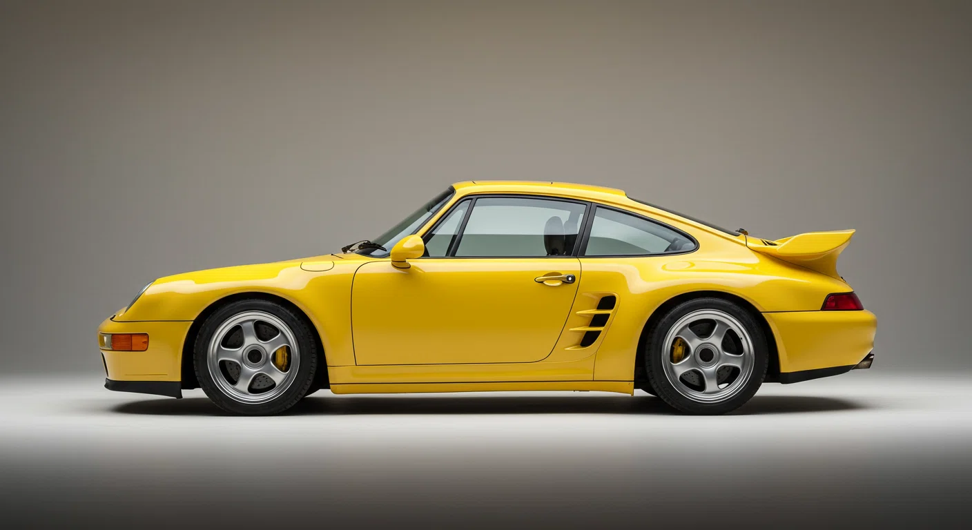 伝説的なRUF CTR イエローバードの美しいサイドビュー、その特徴的な黄色いボディカラーと空力パーツが際立つ