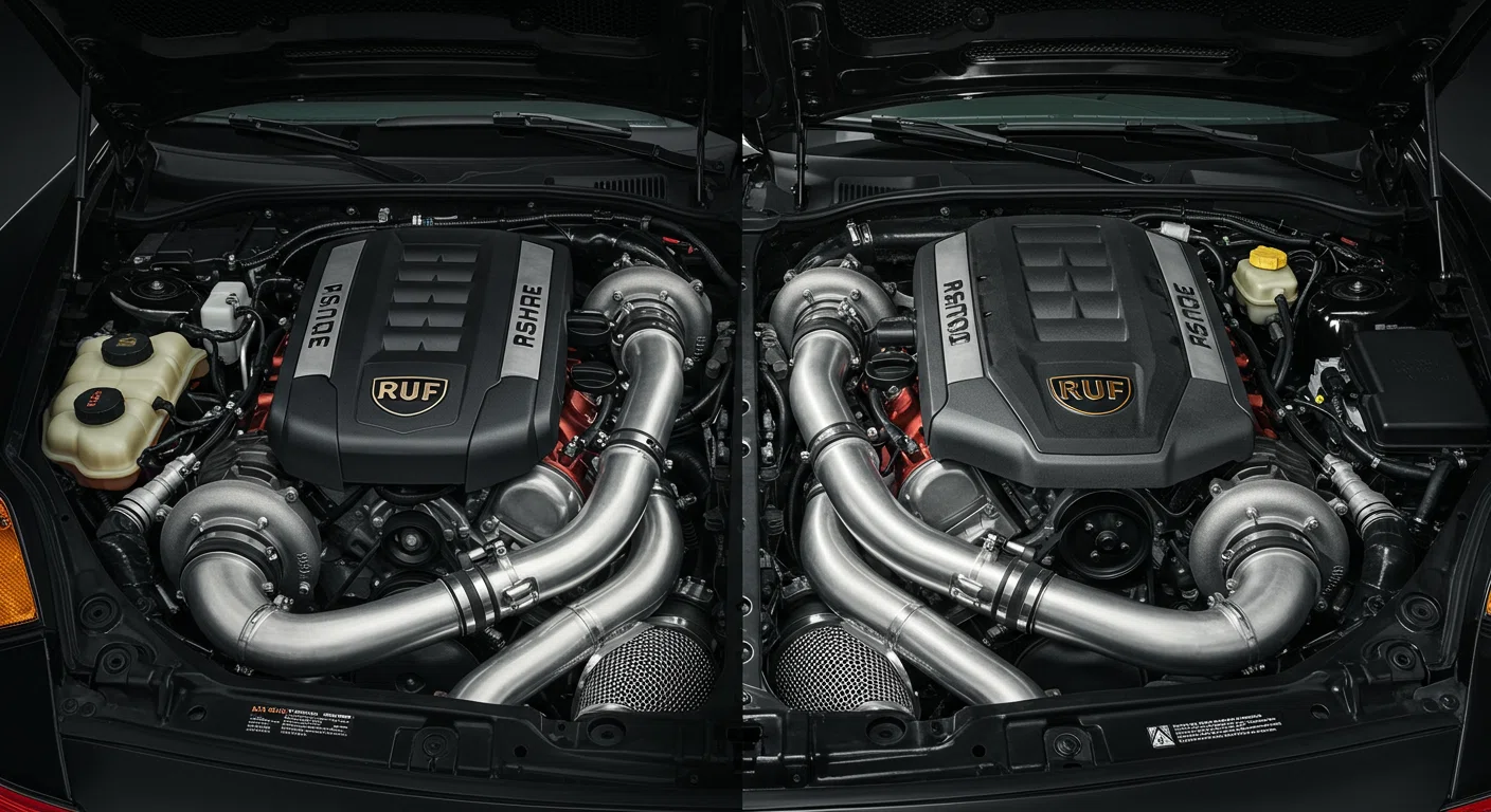 RUFとポルシェのエンジンベイの比較、RUF独自のエンジン改良とチューニングの詳細が見える技術的な写真