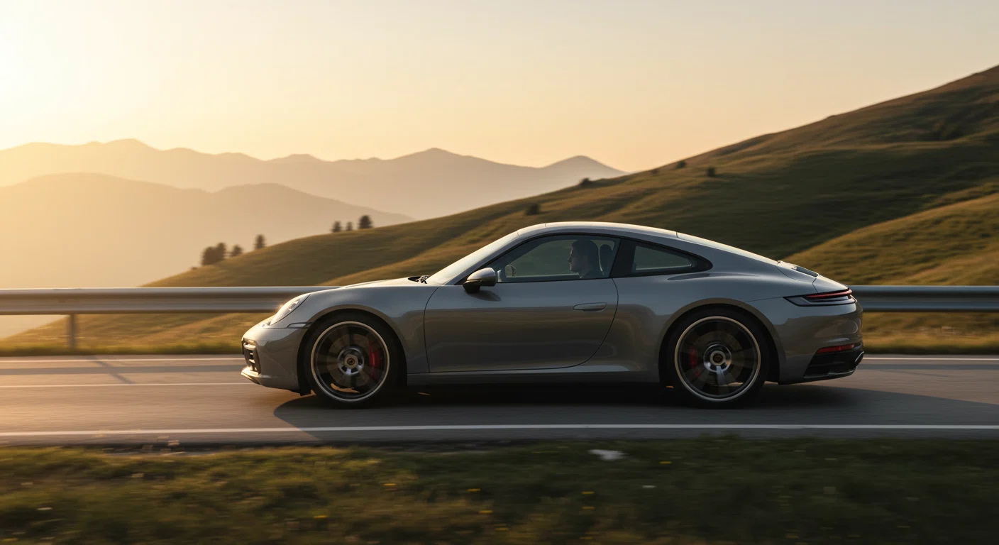 夕暮れの道路を走るポルシェ911