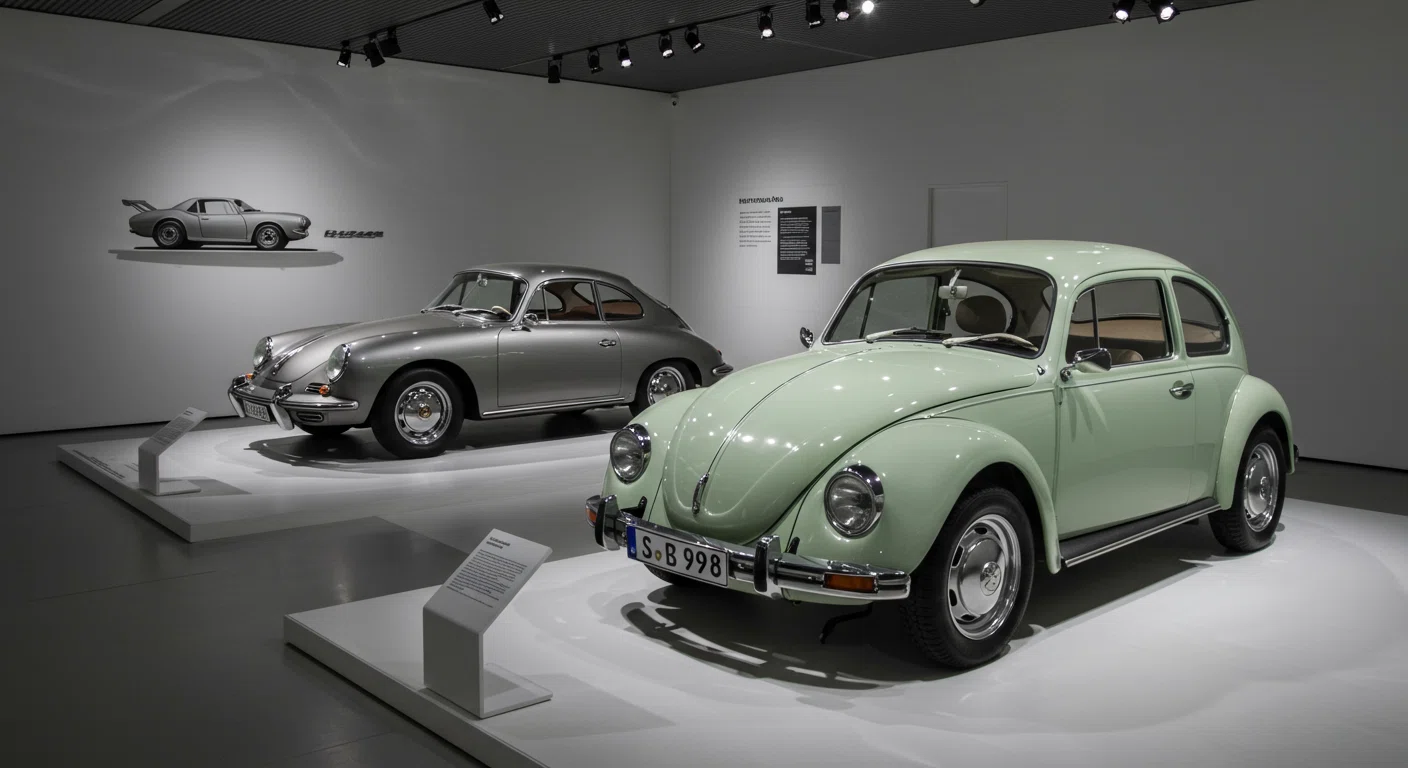 ポルシェとフォルクスワーゲンの関係を示す歴史的な車両展示