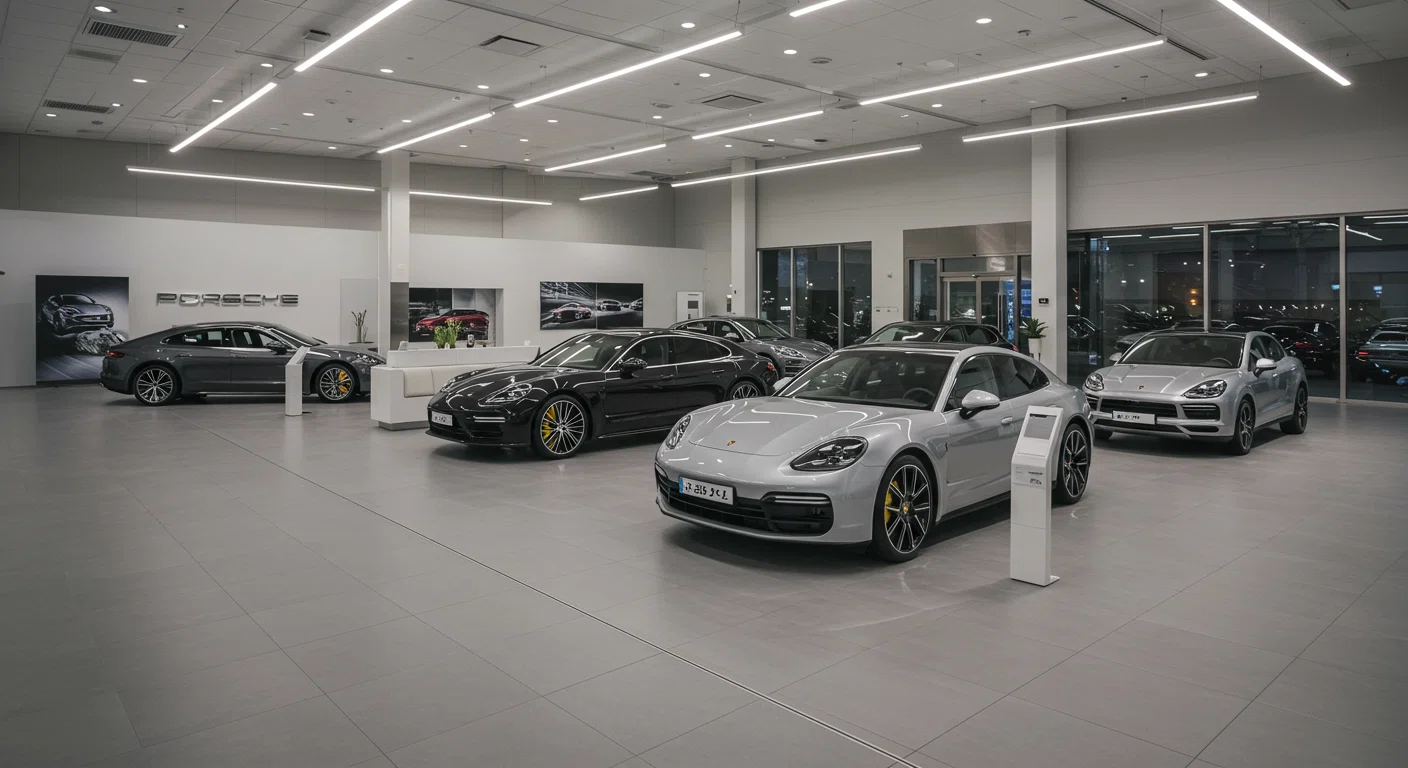 ポルシェ中古車展示場の様子、様々な4人乗りモデルが並ぶ