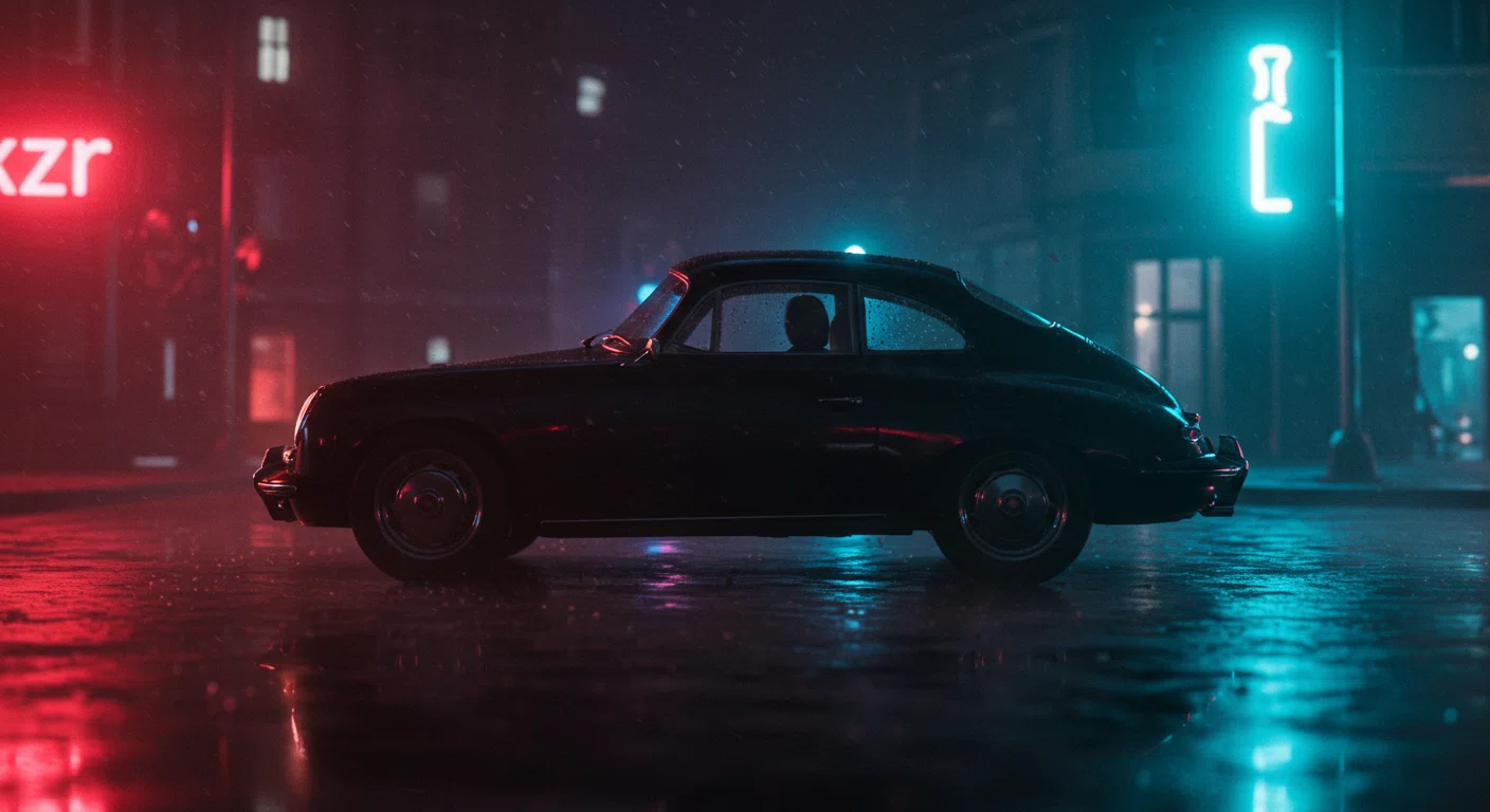 夜の街を走る黒いポルシェ356Aのシルエット