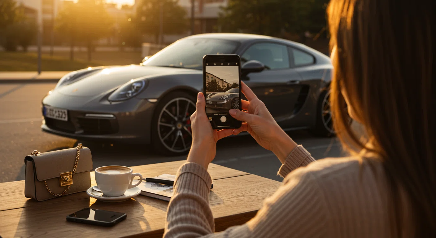 インスタグラム用に愛車のポルシェを撮影する女性