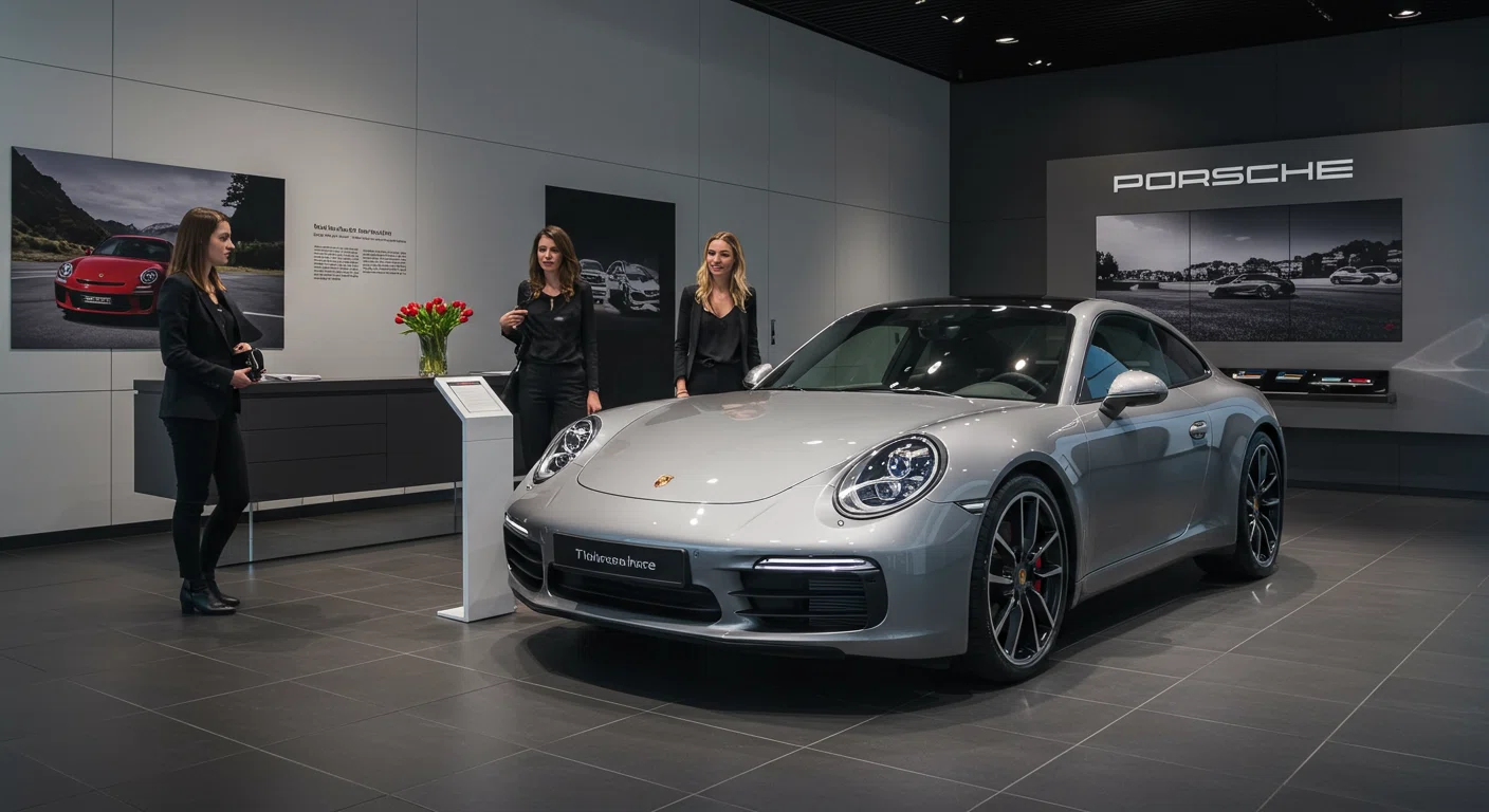 ポルシェの展示モデルを眺める女性たち