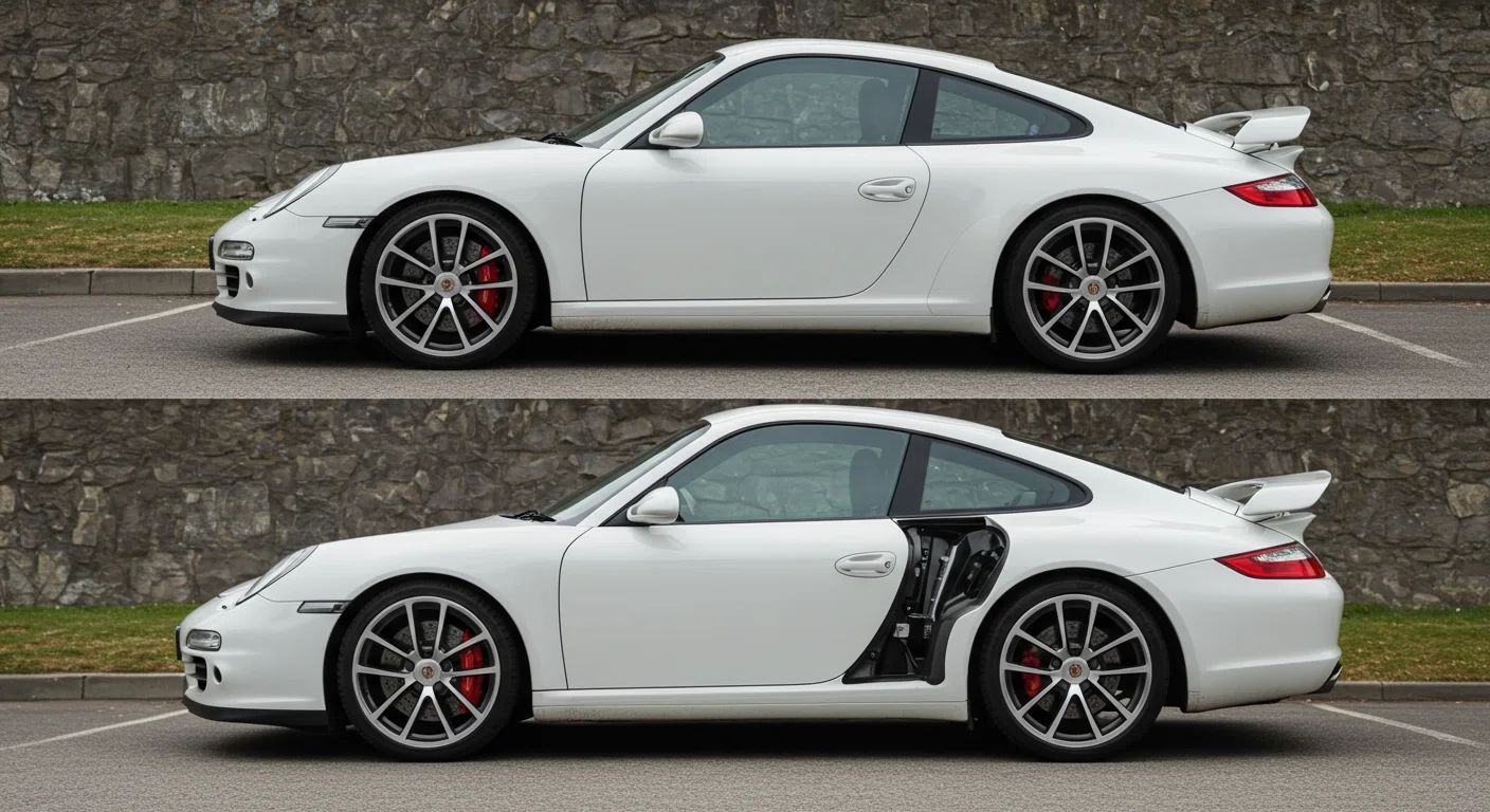 ポルシェ911のリアウイングが下がった状態と上がった状態の比較