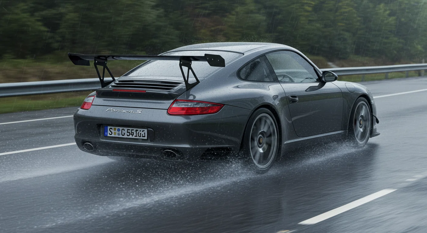 雨の日に走るポルシェ911とリアウイング