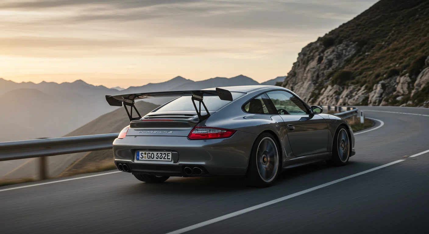 ポルシェ911がワインディングロードをコーナリングしている様子、リアウイングが展開している