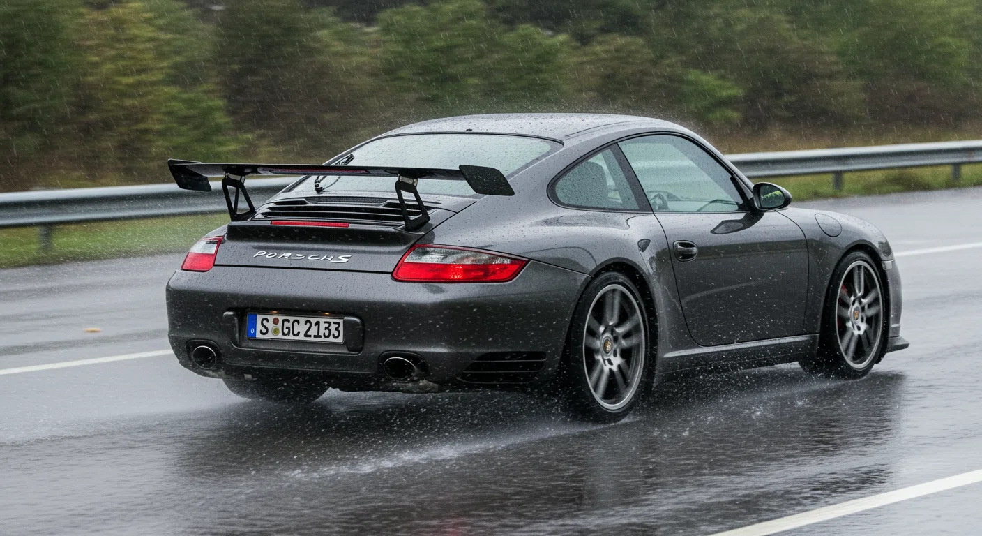 雨天時の高速道路を走行するポルシェ911、リアウイングが展開している様子