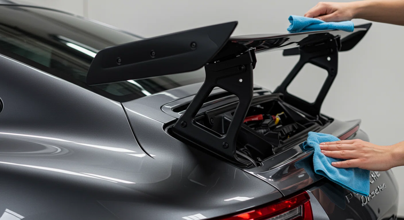 ポルシェ911のリアウイングを手入れしている様子