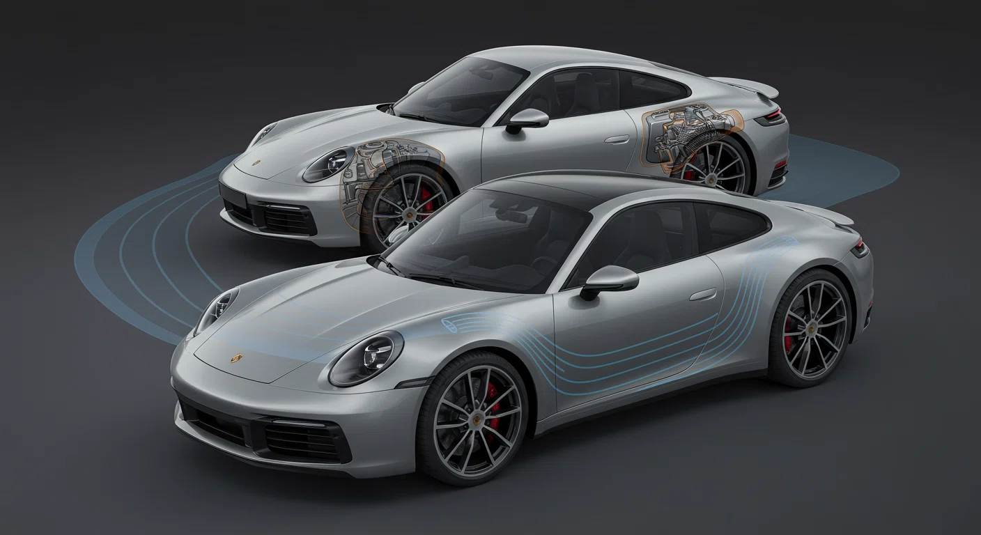 最新型ポルシェ911(992型)のアクティブエアロダイナミクスシステムの様子