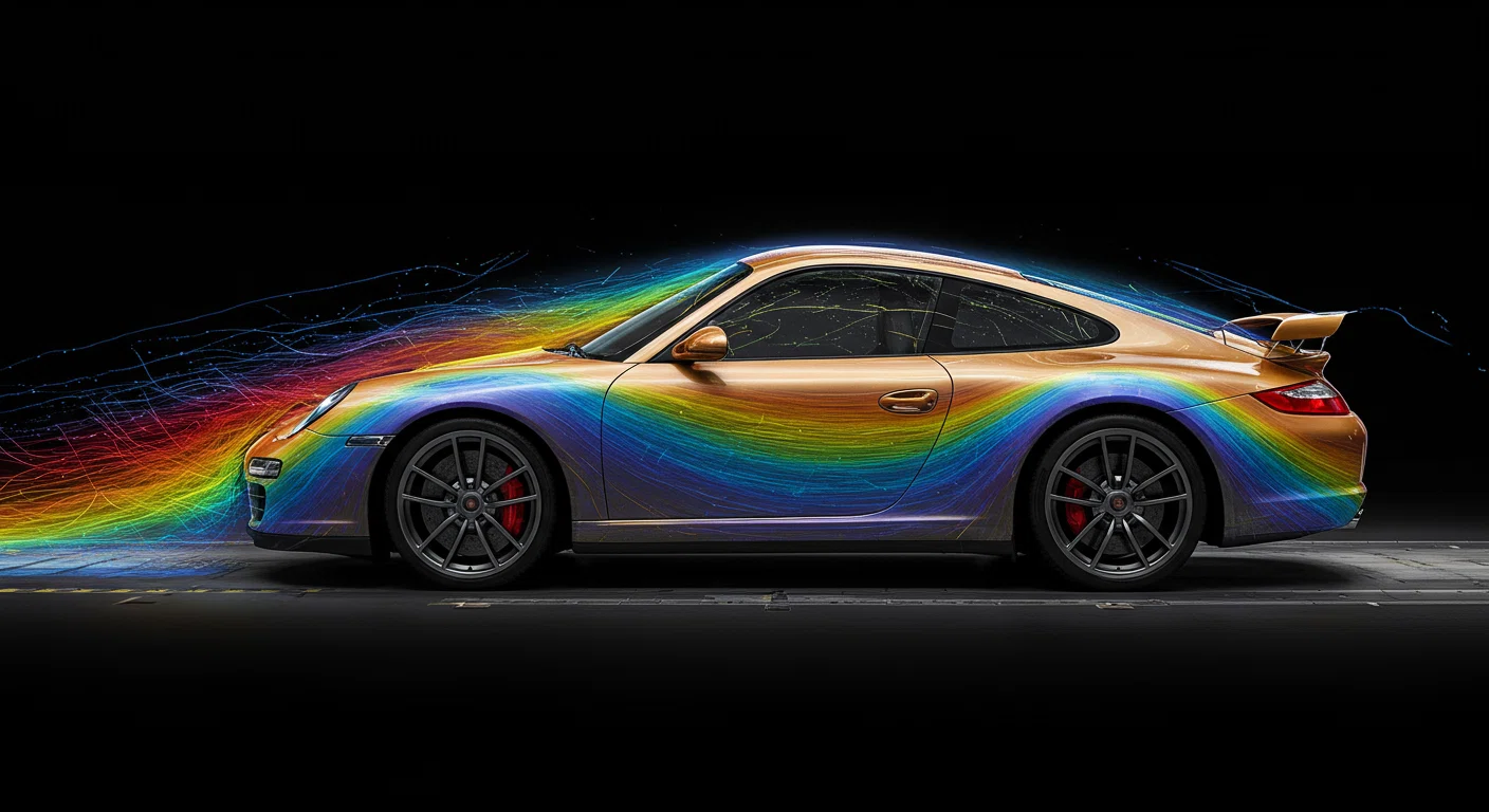 風洞実験でのポルシェ911の空気の流れを可視化した画像