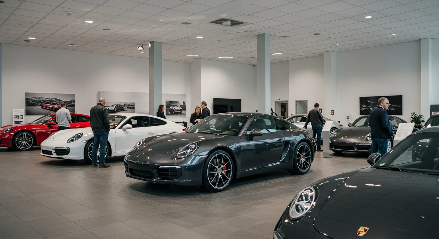ポルシェディーラーショップに並ぶ顧客と展示車