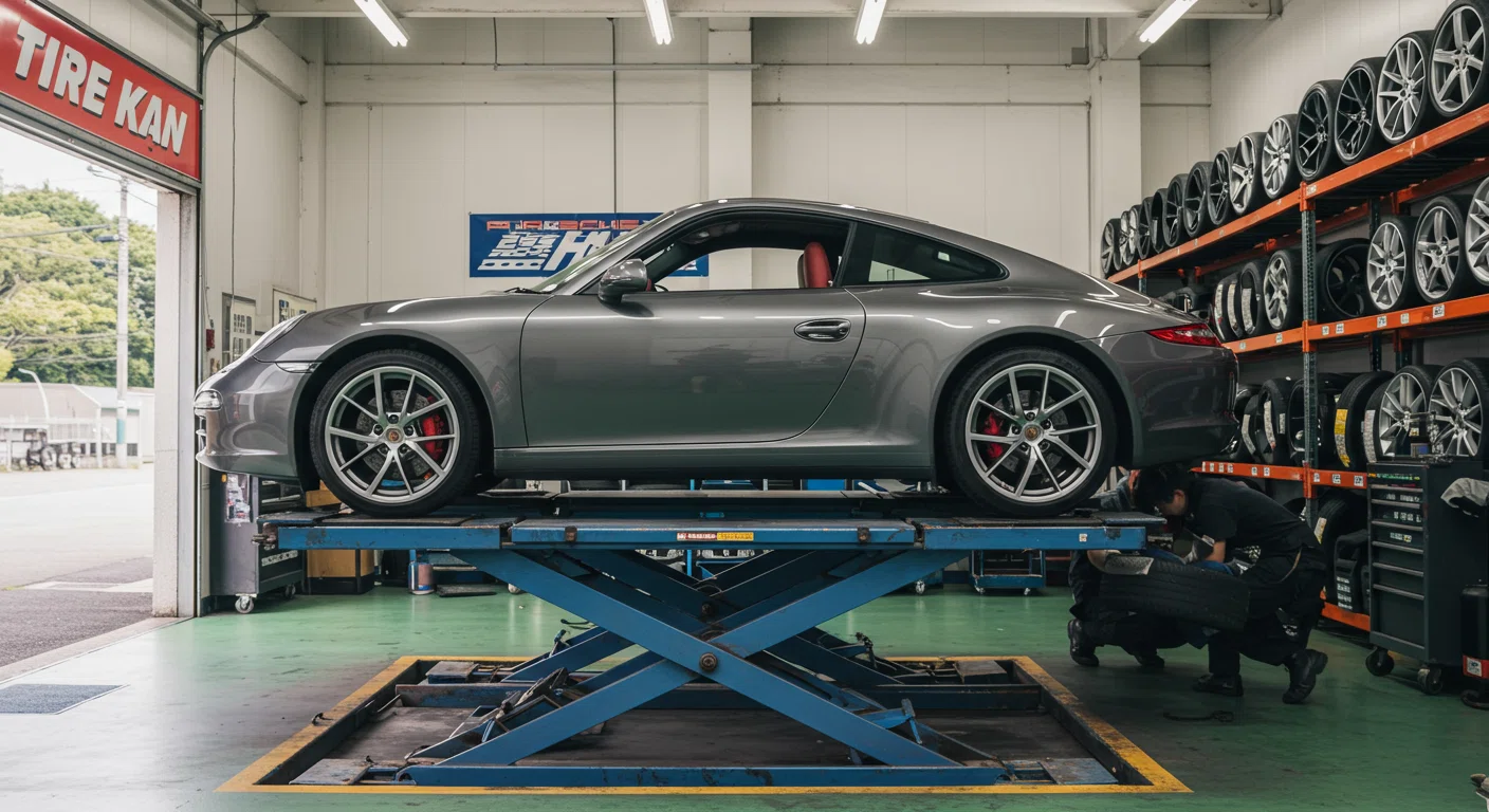 タイヤ館でタイヤ交換中のポルシェ911
