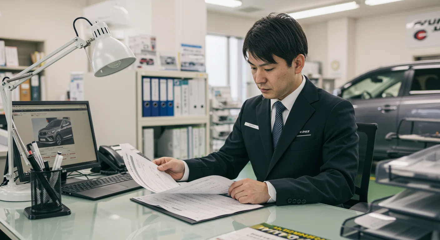 車の書類を確認する査定員