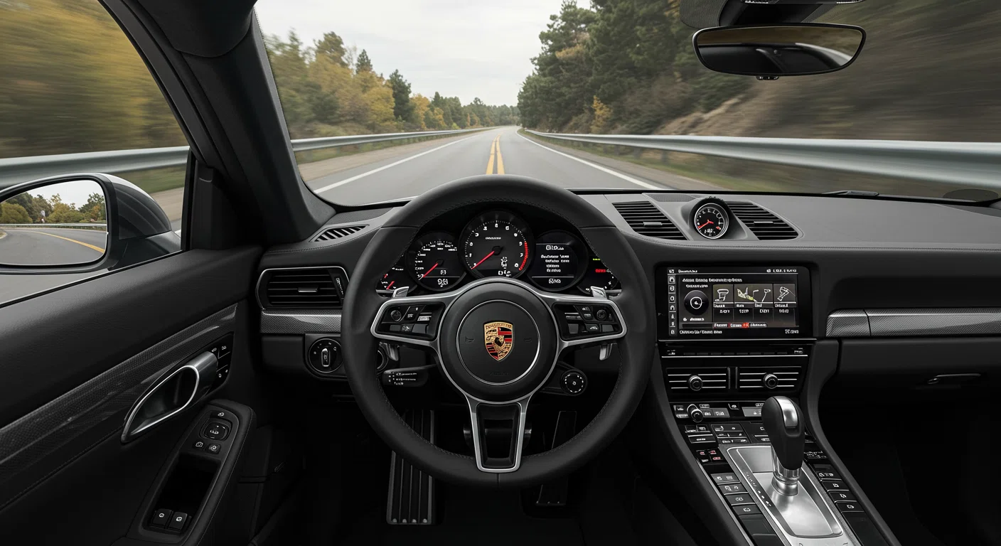 ポルシェの運転席からの視点、ステアリングホイールとダッシュボード