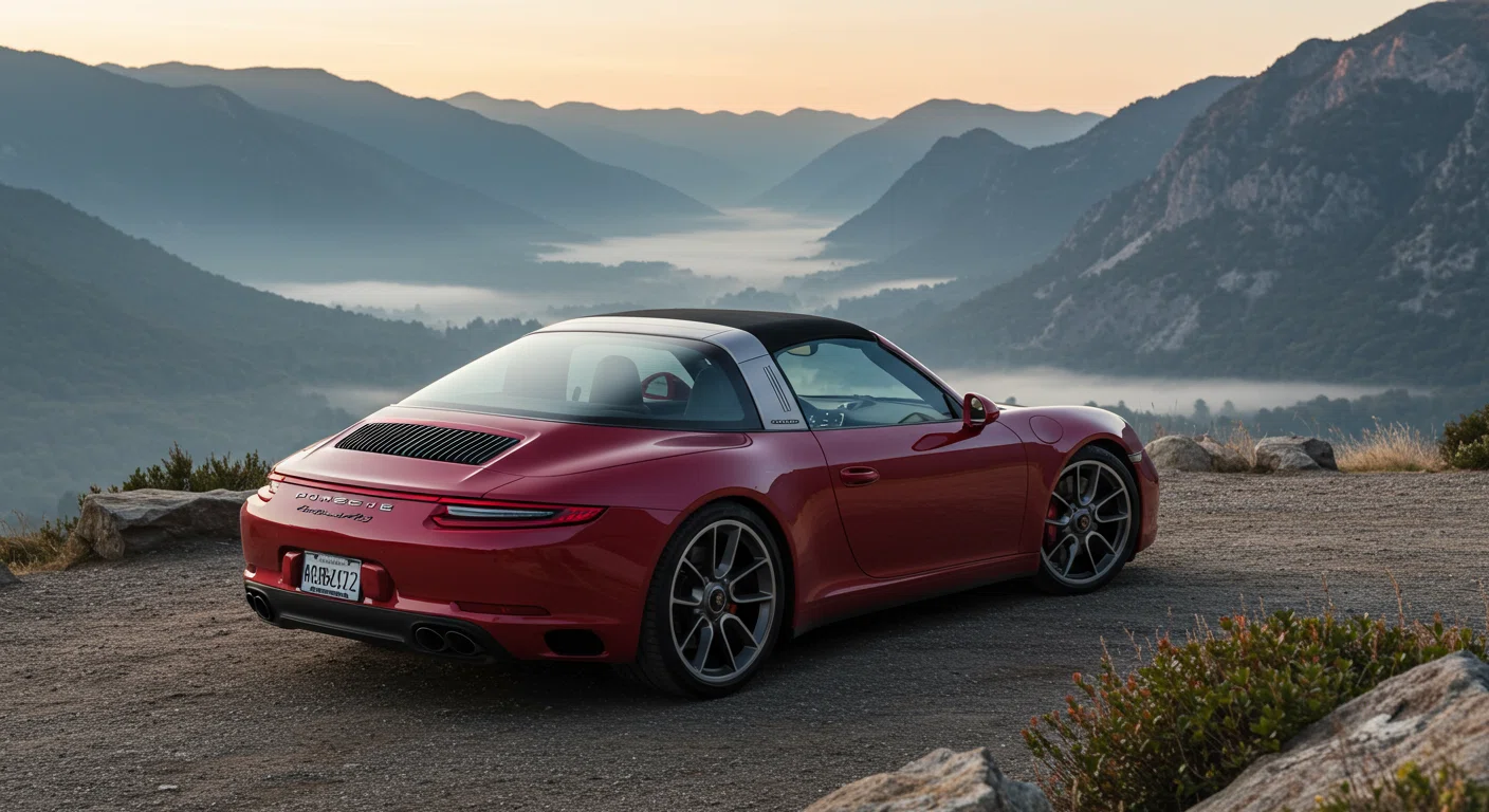 ポルシェ911タルガ4GTSが山頂の展望台に停車している風景