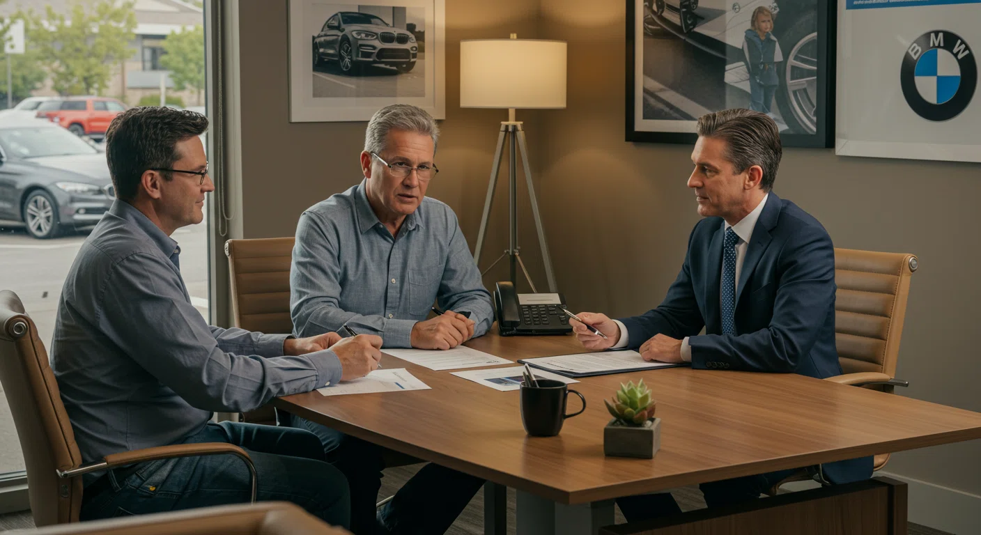 BMWオーナーが保険について相談している様子
