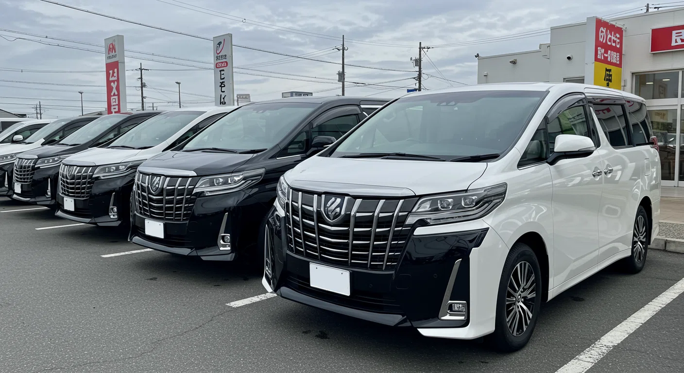 中古車販売店に並ぶ複数のアルファード