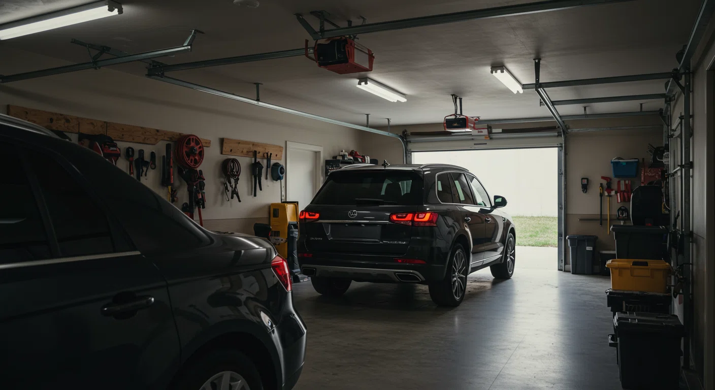 ガレージ内の奥に駐車された高級SUV
