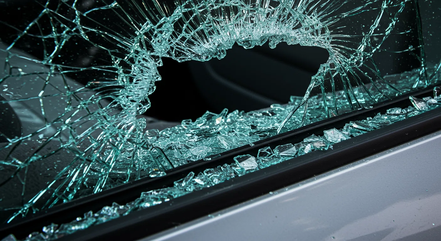車の窓ガラスが割られた車上荒らしの跡