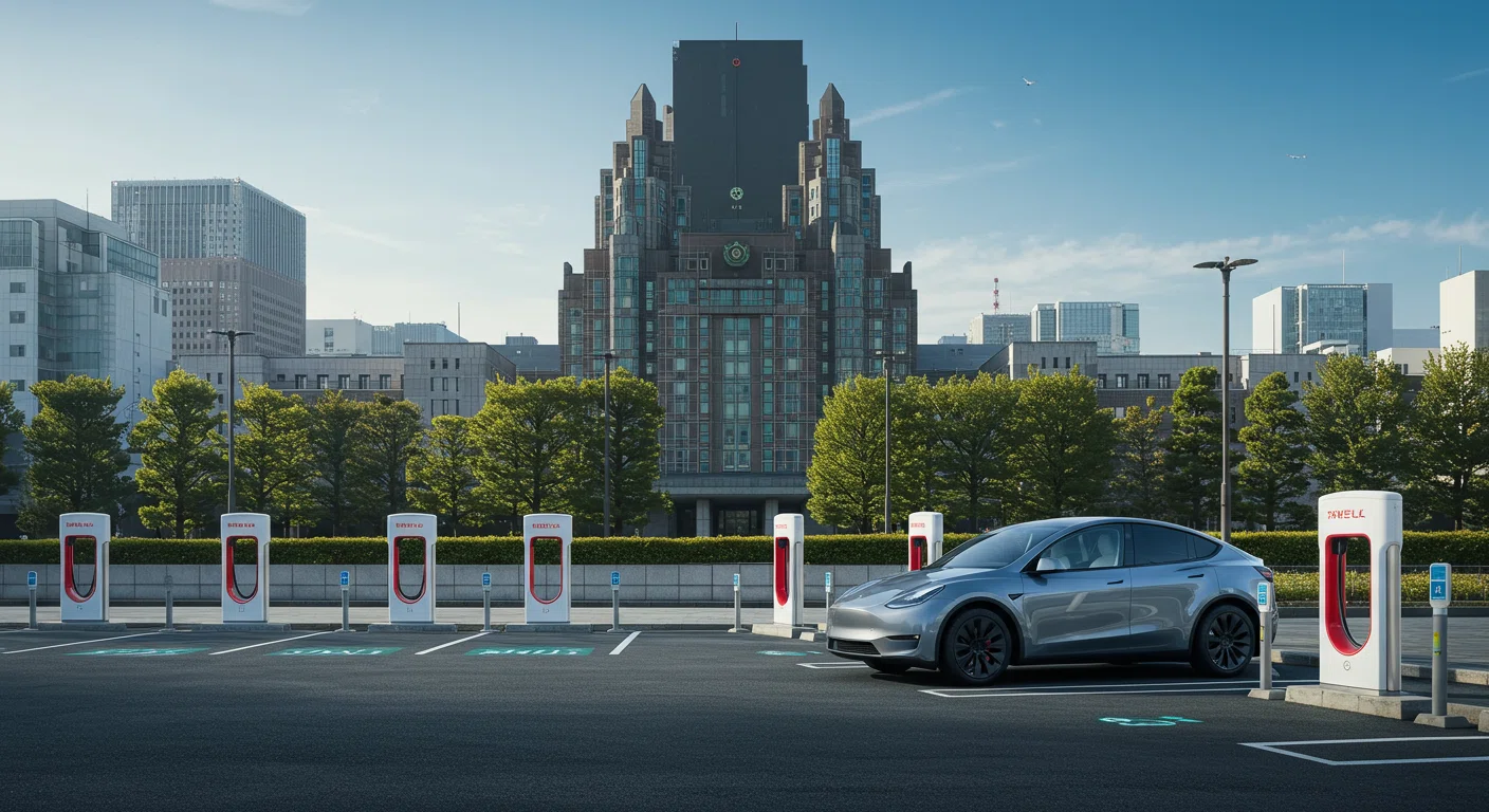 テスラ,モデルY,CEV補助金,87万円,申請方法,行政機関と電気自動車の充電スタンドのイメージ