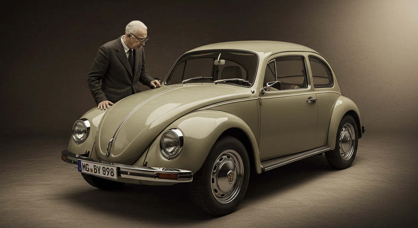 フェルディナント・ポルシェ博士とVWビートルの歴史的写真風イラスト