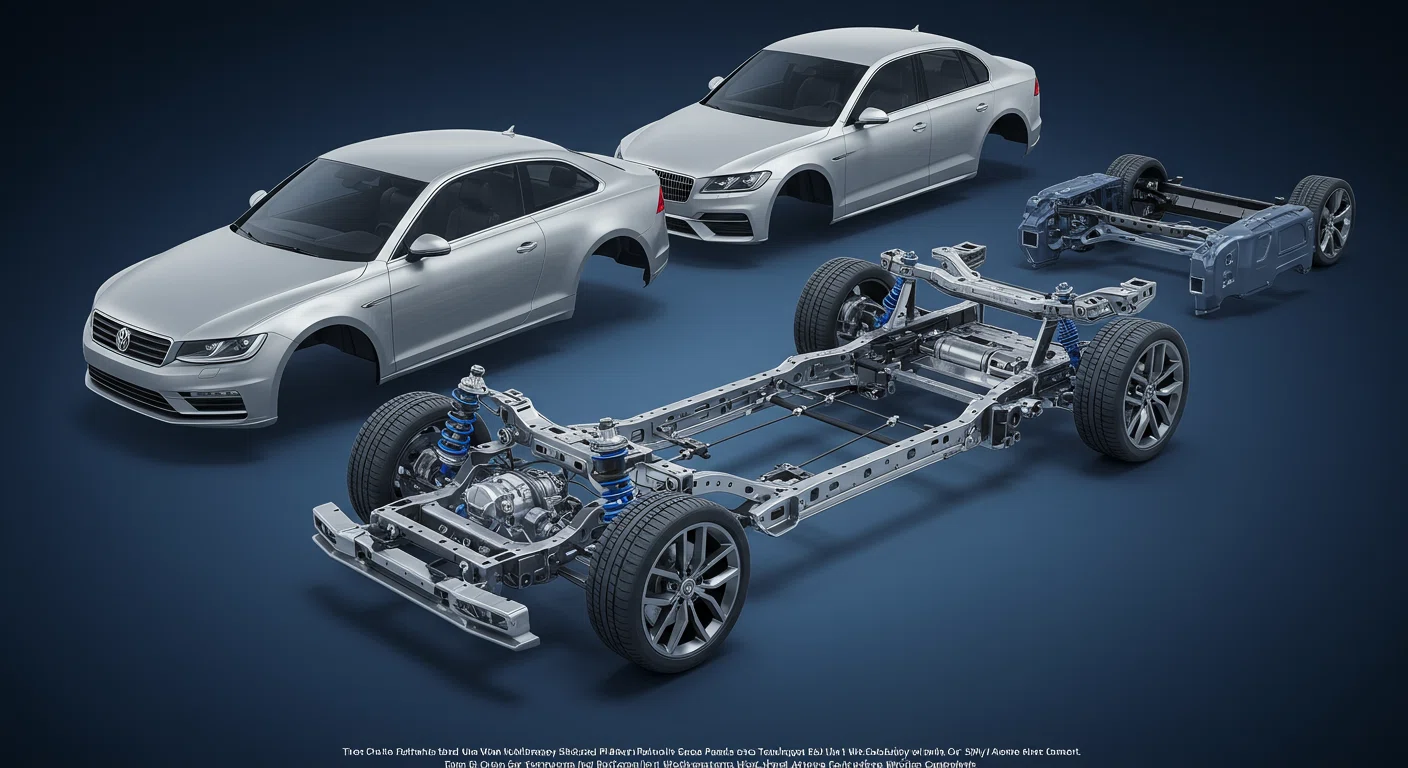 VWグループの共通プラットフォームと各ブランドの独自性を表現したイラスト