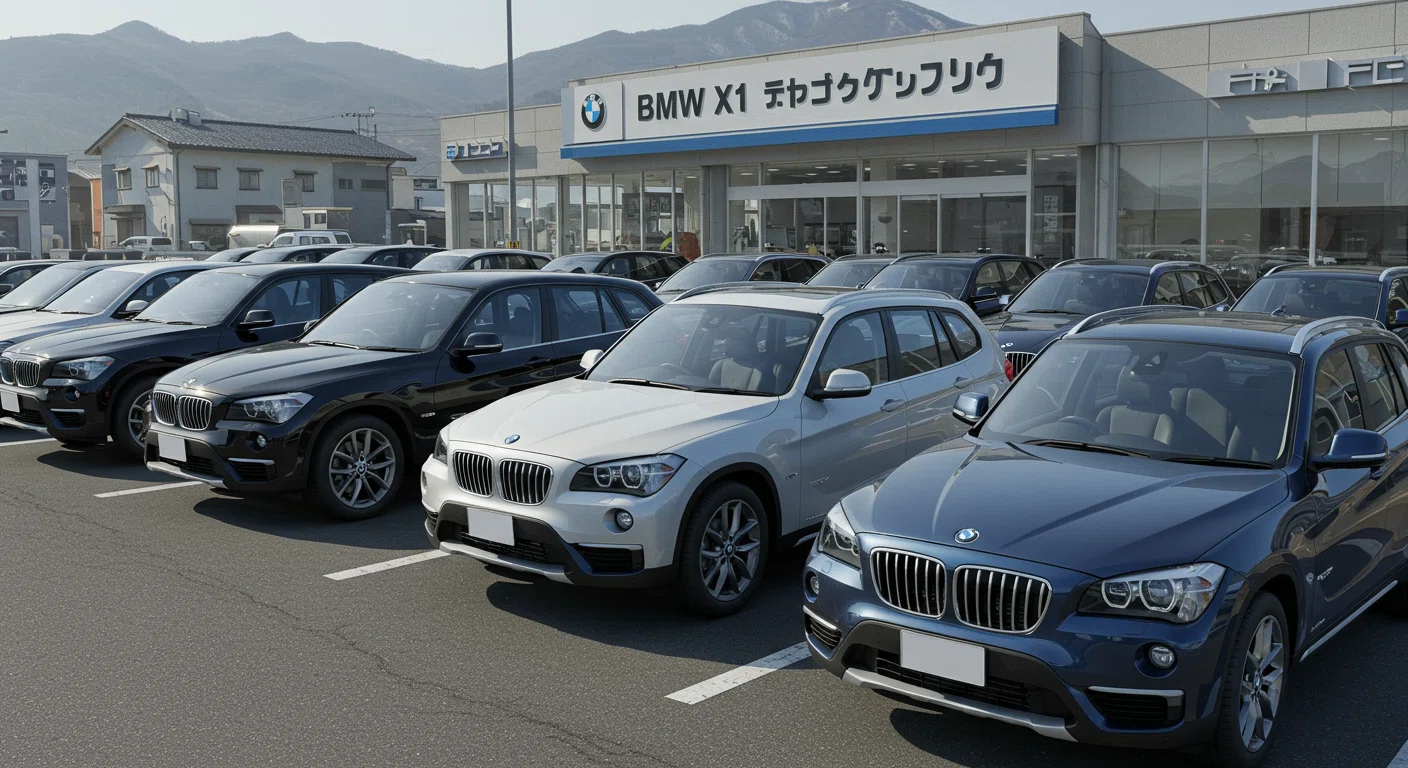 BMW X1の中古車市場における供給過多を表現したイラスト