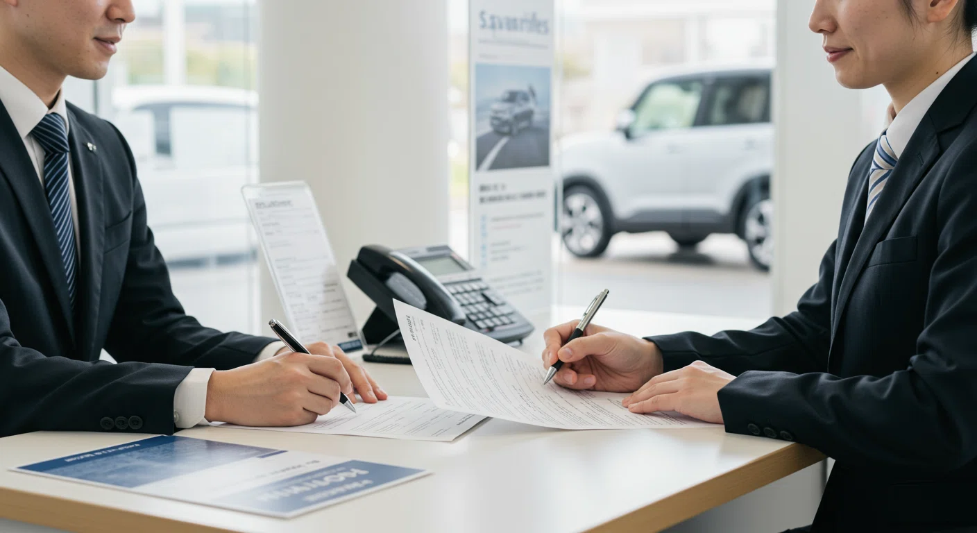 車の購入と保険契約を同時に行う様子