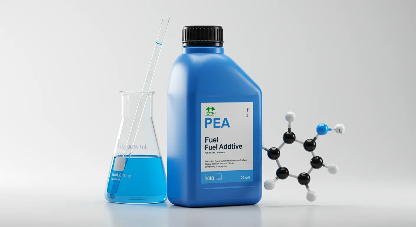 AZの燃料添加剤FCR-062のボトルと主成分PEAの分子構造イメージ