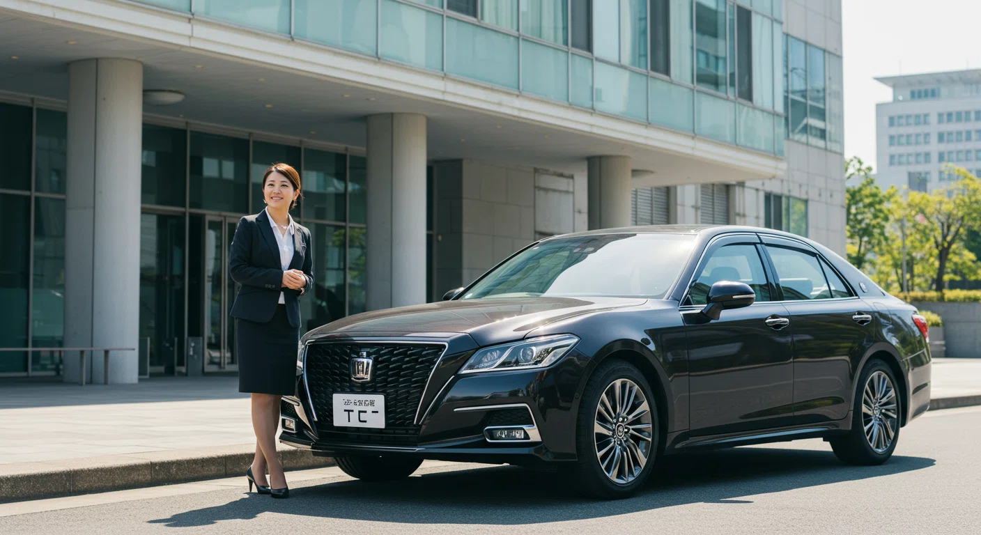 オフィスビル前に駐車されたクラウンと女性ビジネスパーソン