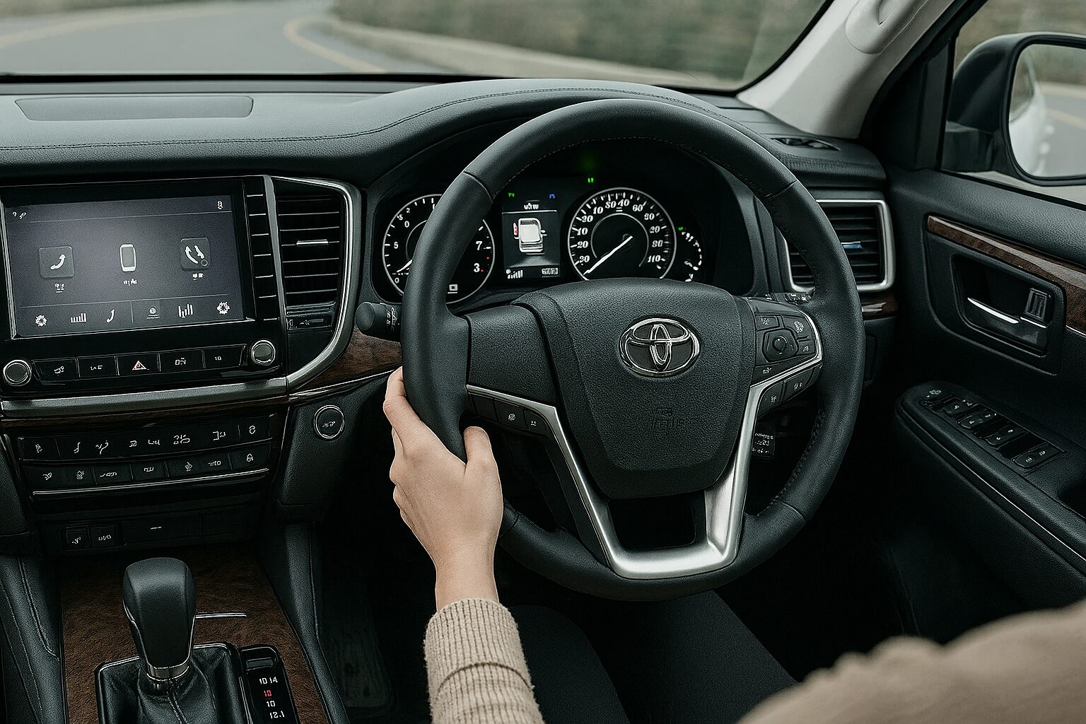 上質なインテリアのクラウンの運転席に座る女性の手元