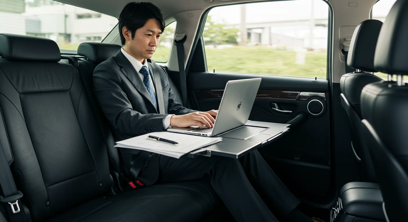車内で仕事をする経営者