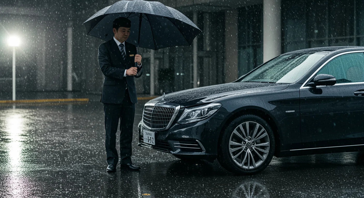 雨の日に傘を差し出すVIP対応運転手