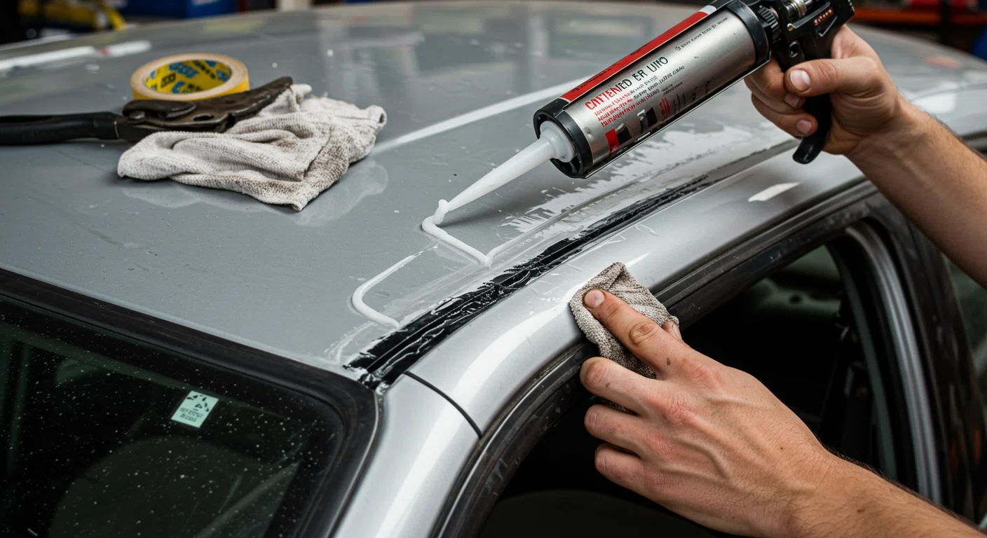 シトロエン車の雨漏りをDIY修理する様子