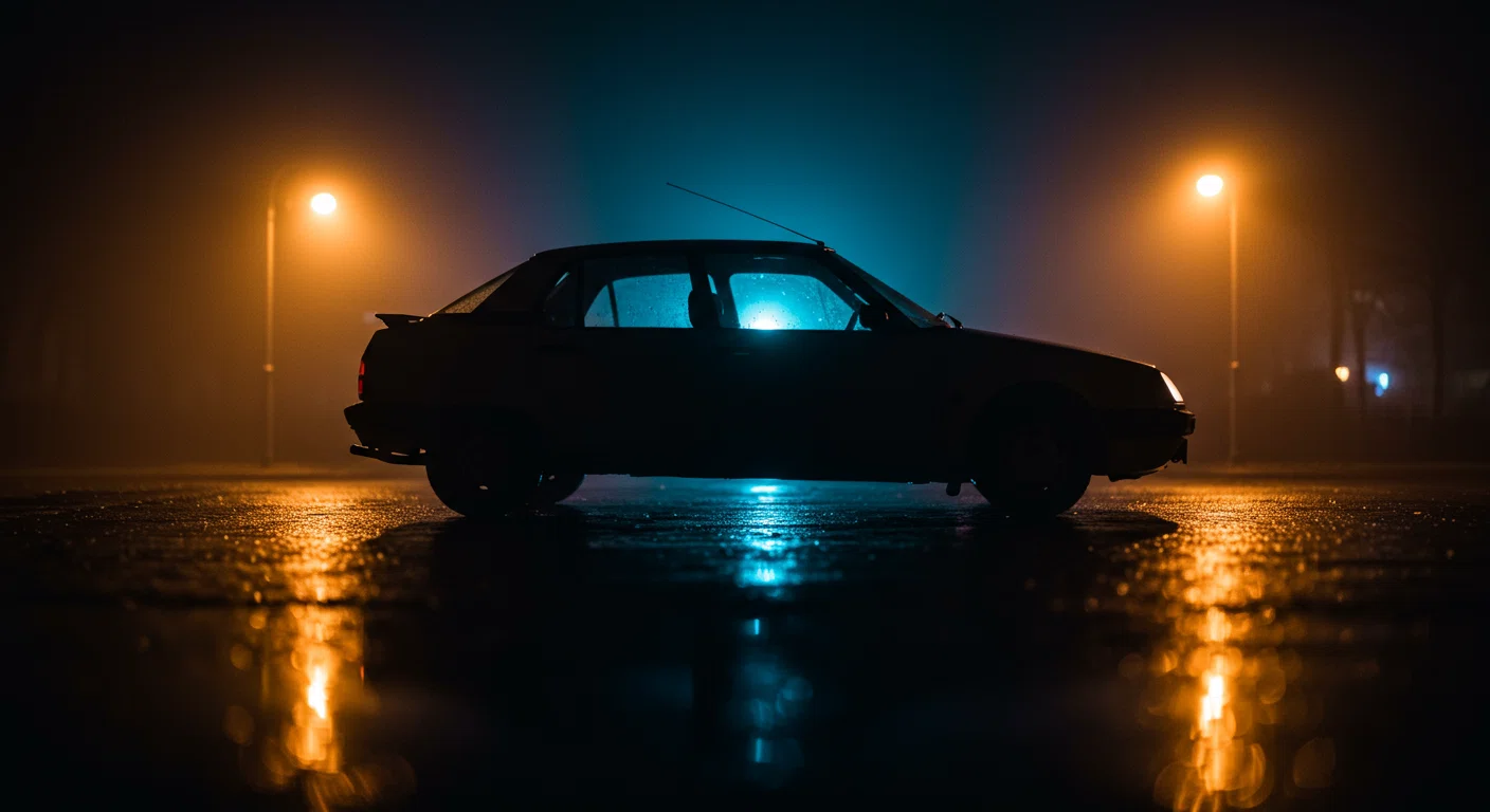 雨の夜、街灯に照らされるシトロエンのシルエット。濡れた路面に反射する光が幻想的な雰囲気を作り出している