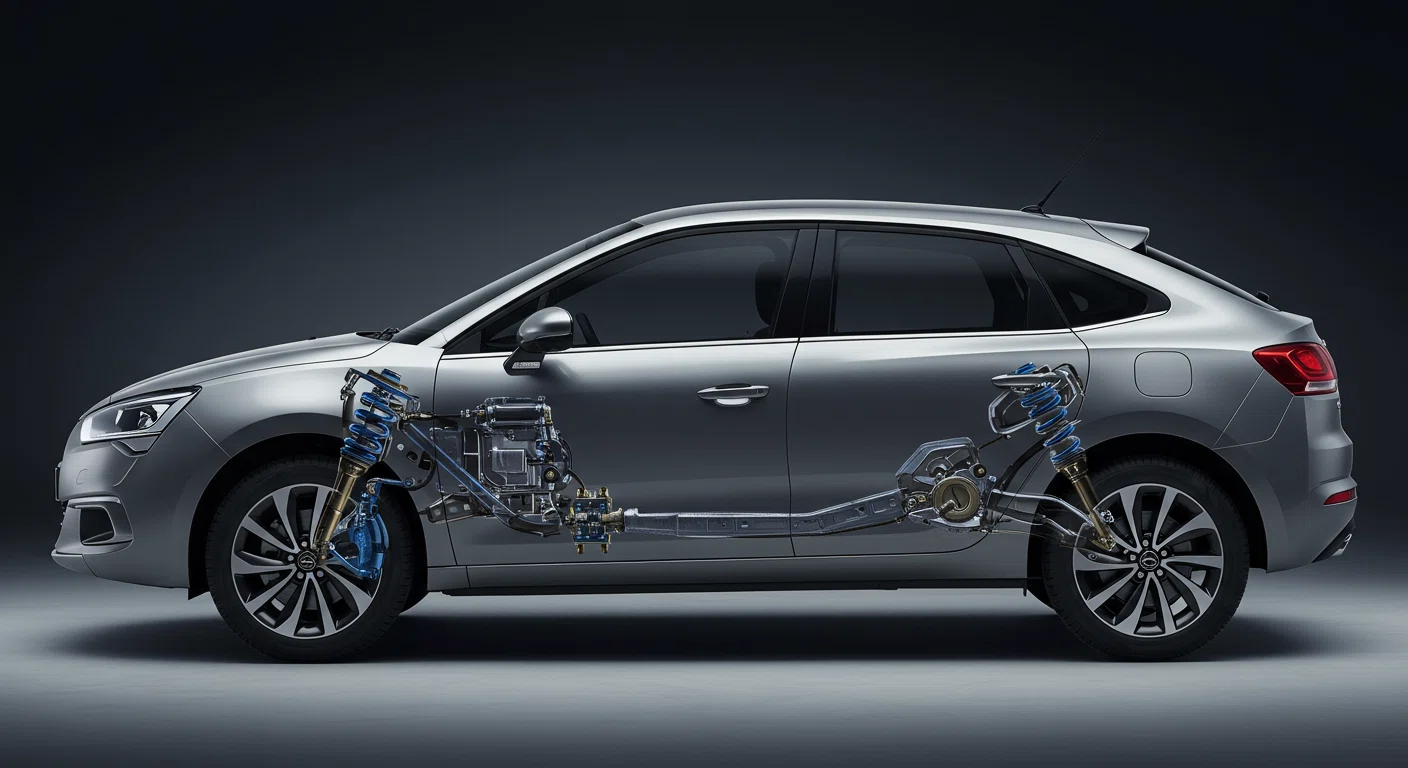 シトロエンの特徴的なハイドロニューマチックサスペンションを強調した車体の側面図。車高調整の様子がわかる画像