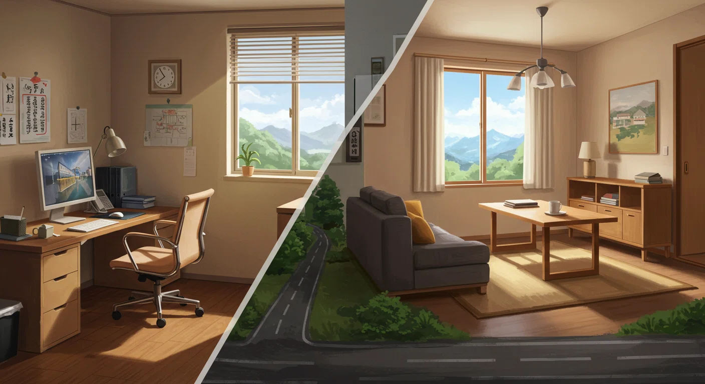 安定した勤務と居住を表す家と会社のイラスト