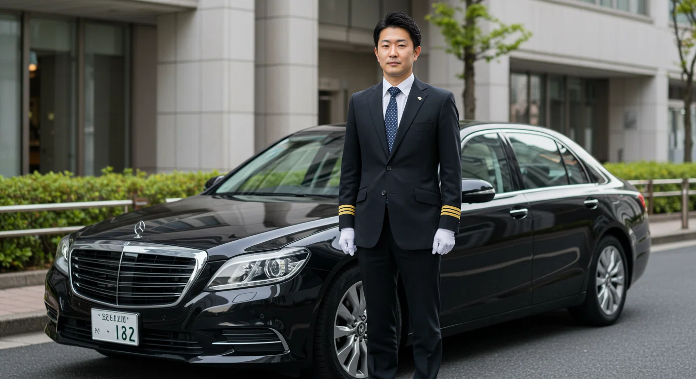 スーツを着た専属ドライバーが高級車の前で立っている様子