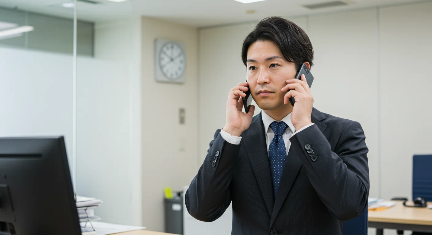 ビジネスマンが電話で運転手派遣サービスに問い合わせている様子
