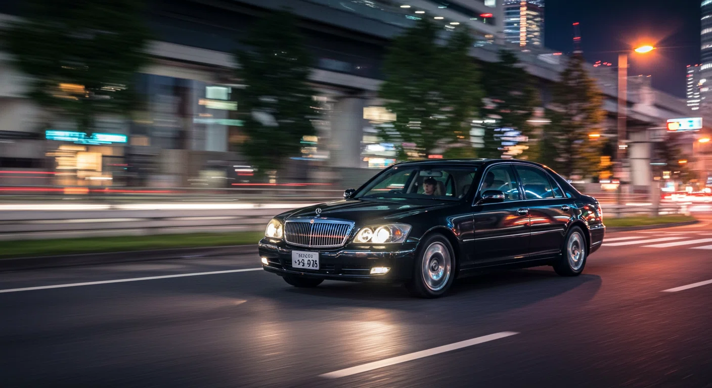 東京の夜景をバックに走行する高級車