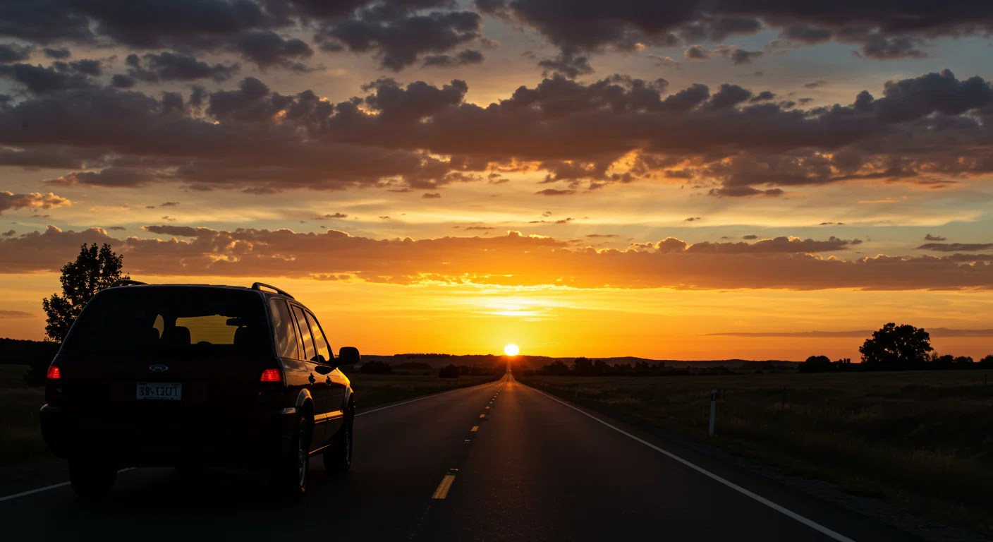 夕日に照らされる道路と車のシルエット