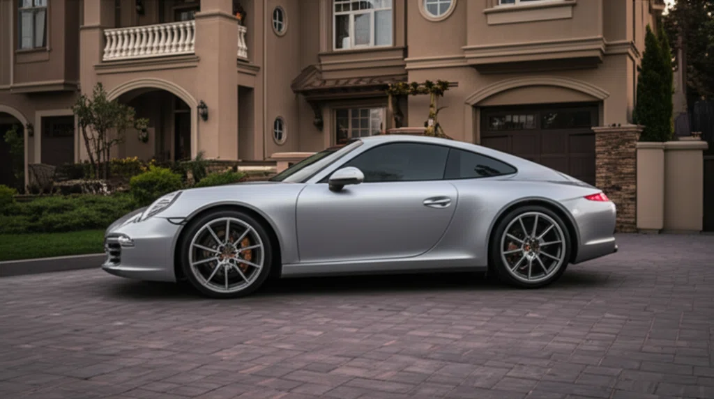 夕暮れの高級住宅街に駐車されたシルバーのポルシェ911