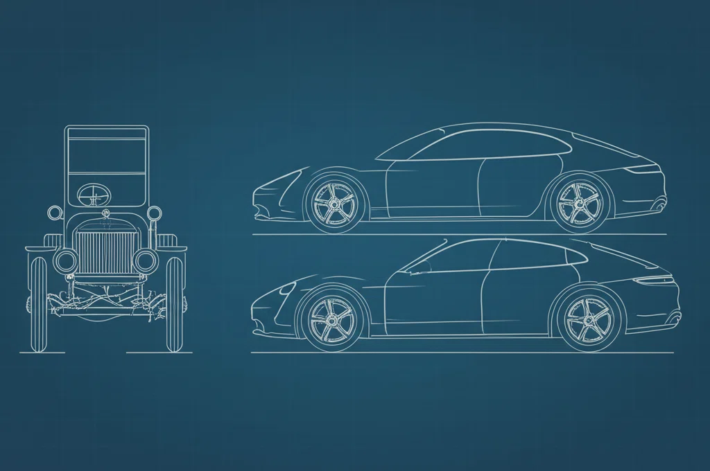 1900年代初頭の電気自動車の設計図とモダンなポルシェタイカンの比較イメージ