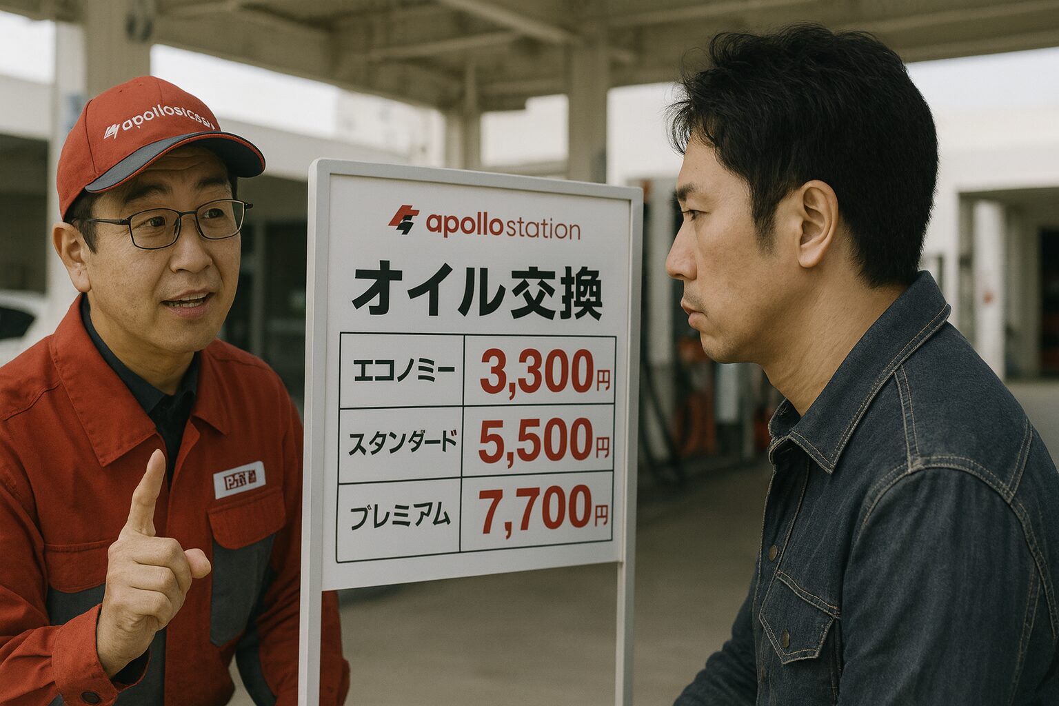 出光ガソリンスタンドでの料金体系説明の様子