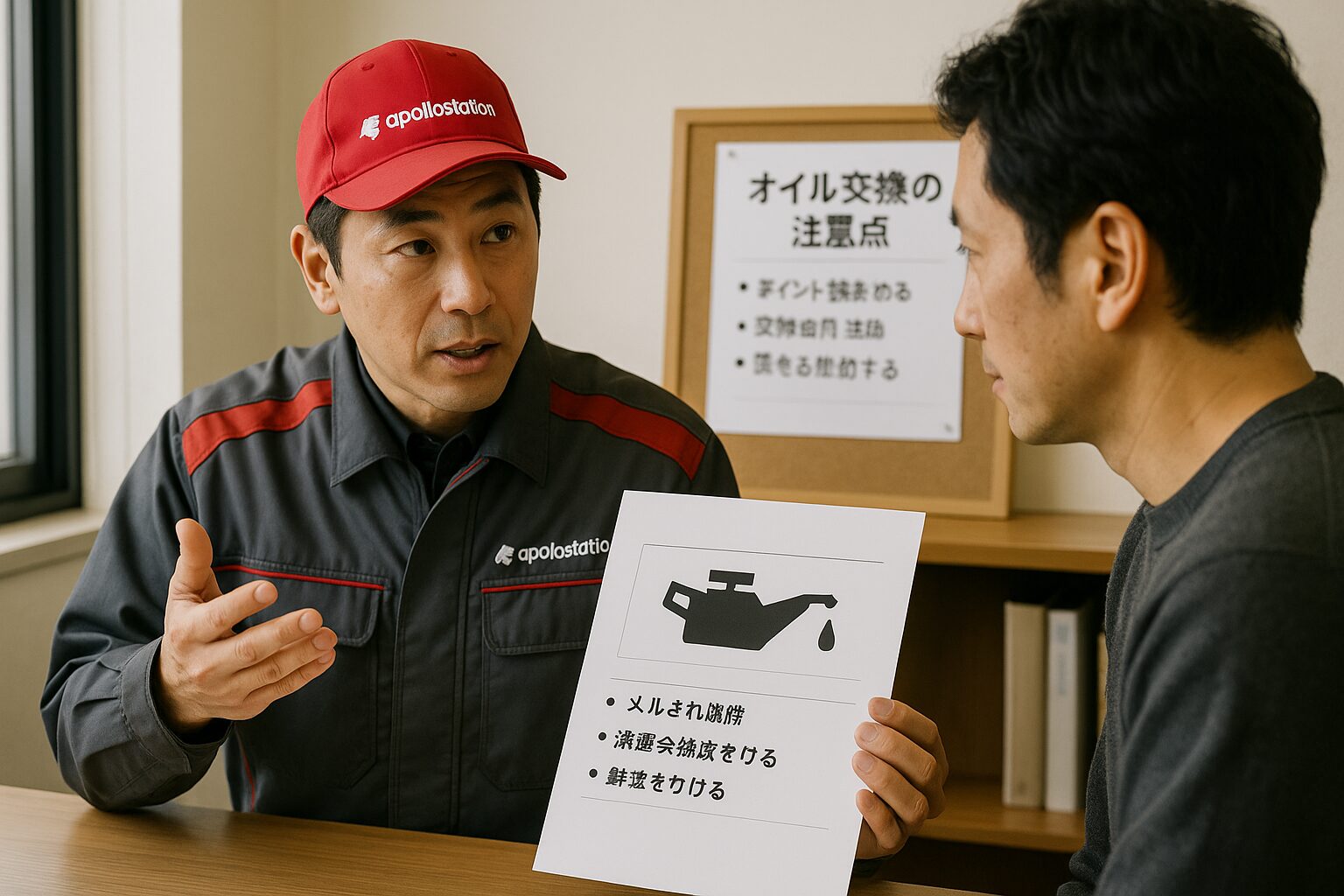 オイル交換の注意点を説明している場面