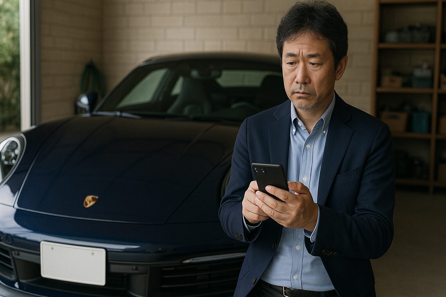 悩みを抱えながらポルシェを見つめる日本人オーナー
