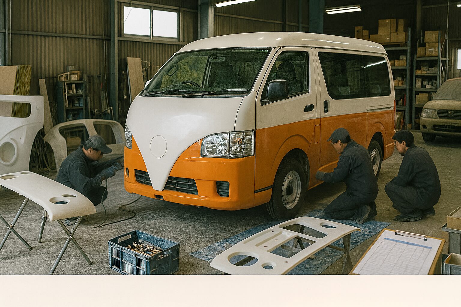 ワーゲンバス仕様ハイエース|カスタム工事現場での作業風景と部品・工具の詳細