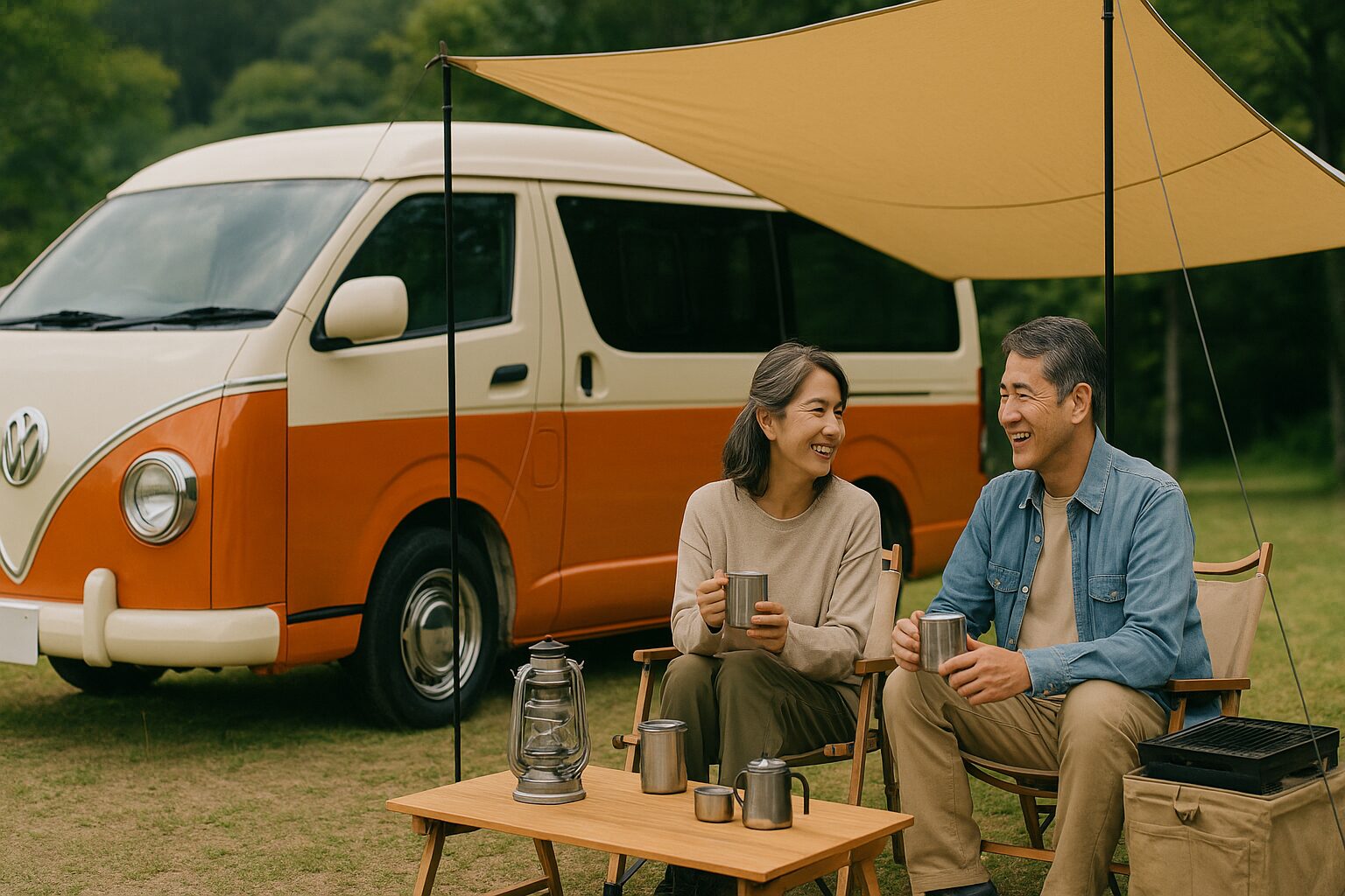 ワーゲンバス仕様ハイエース|50代夫婦がワーゲンバス仕様ハイエースでキャンプを楽しむ情景